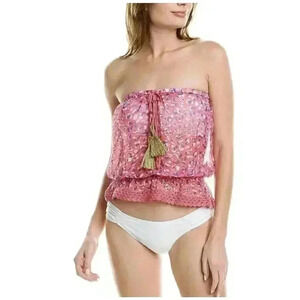 Ramy Brook Cover Up Top Crochet Metallic Strapless Gold Tassel Leopard Rope Tie